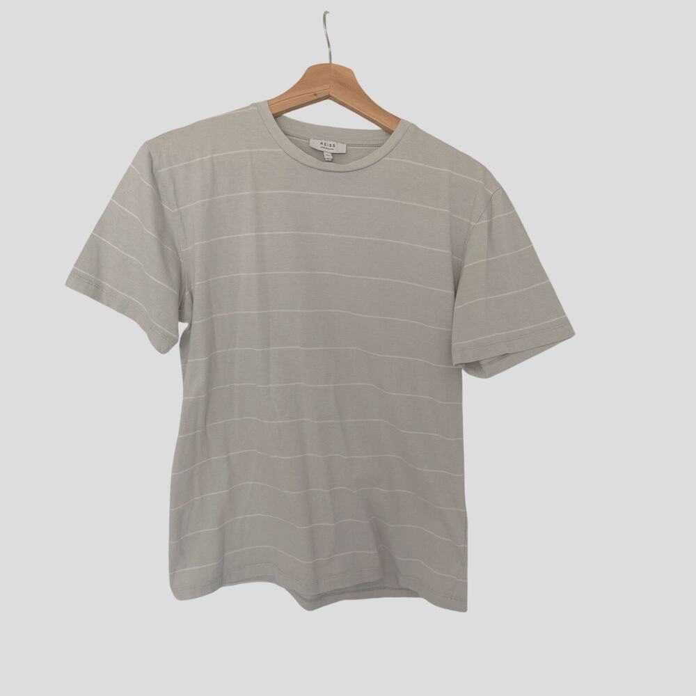 REISS Egyptian Cotton Tee Men's M Gray White Stripe Crewneck